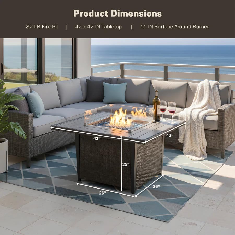 42' Outdoor Propane Fire Pit Table Gas Fire Pit for Patio 2-in-1 Firepit Dining Table with Glass Wind Guard Glass Rocks & Waterproof Cover Grey