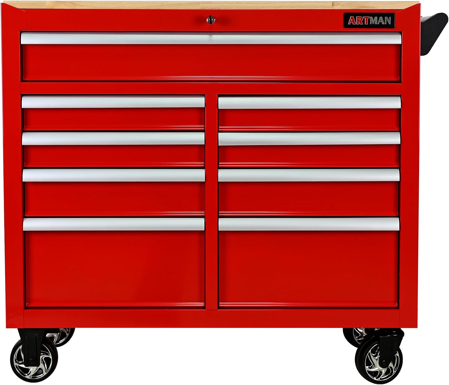 Heavy Duty Rolling Tool Chest with 9-Drawer Wood Top Tool Cart Mechanic Tool Box with Wheels Tool Storage Cabinet Mobile Workbench Tool Bench for Garage, Warehouse, Workshop, Repair Shop (Red)