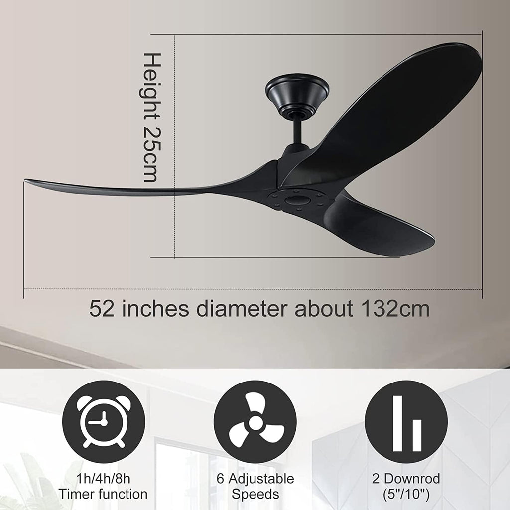 Black Ceiling Fan No Lights Outdoor Ceiling Fan for Patio 52 inch Large Airflow 3 blade Ceiling Fan Damp Rated Wood Ceiling Fan for Farmhouse Exterior House Porch Gazebo (52 inch, Black Ceiling Fan)