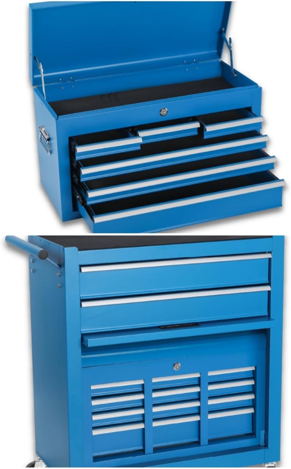 Tool Chest, 8-Drawers Rolling Tool Storage Cabinet with 2-in-1 Detachable Tool Box, Liner, Lockable Wheels, Side Hooks, Multifunctional Metal Tool Cart for Garage Workshop, Blue