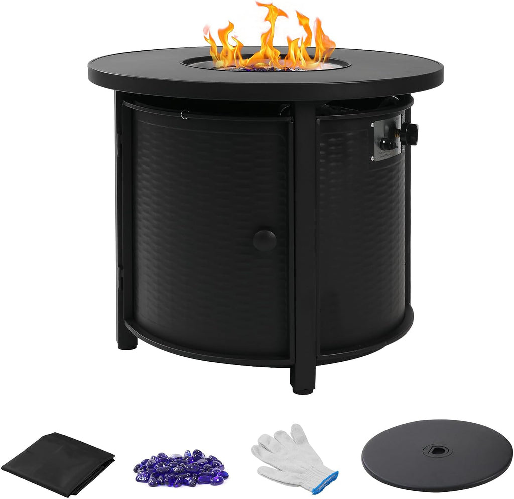 30 Inch Outdoor Fire Table Round Propane Fire Pit Table 50,000 BTU Gas FirePit with Waterproof Cover, Gloves, Steel Lid and Glass Rock, CSA Certified Fire Table for Outside Patio Garden Yard