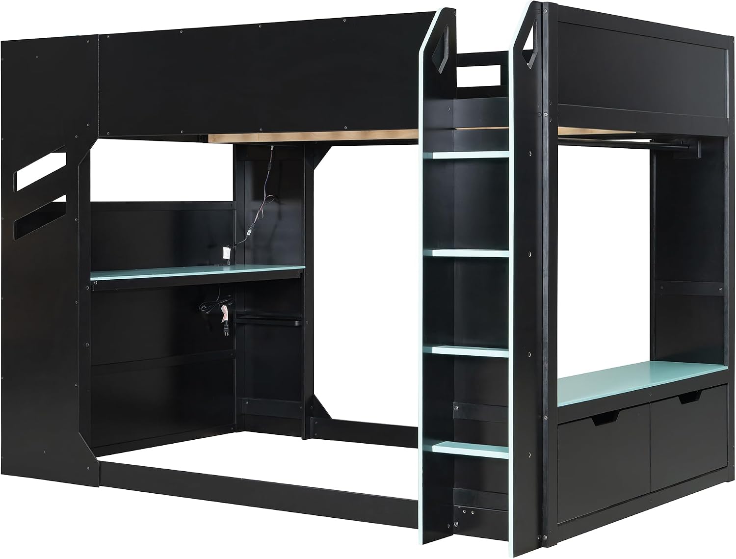 SOFTSEA Full Size Gaming Loft Bed with Desk, Storage Headboard, Drawers, Hanging Rod, USB Ports & LED Lights for Bedroom, No Box Spring Needed, Blue