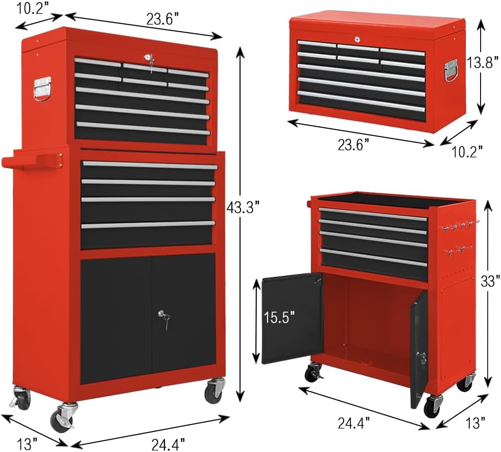 13 Drawers Tool Chest with Wheels, Rolling Tool Organizer with Drawers, Metal Tool Cabinet for Garage, Workshop(Red-Black)