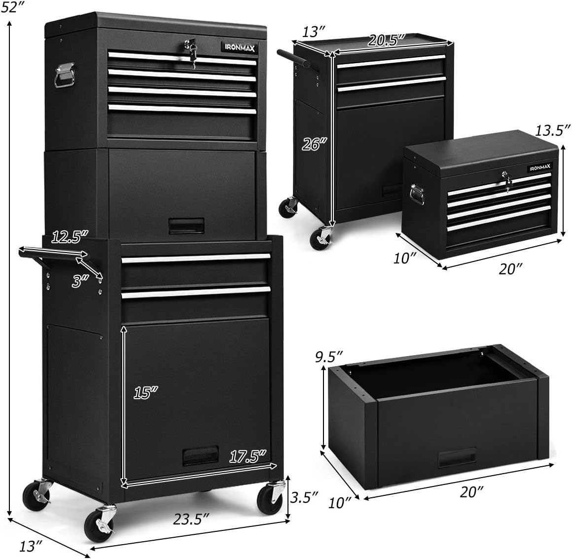 IRONMAX 6-Drawer Tool Cabinet on Wheels, Lockable 3 in 1 Heavy Duty Toolbox Organizer w/ 4 Universal Wheels & Hooks, Detachable Metal Tool Chest for Garage, Warehouse, Repair Shop (Black)