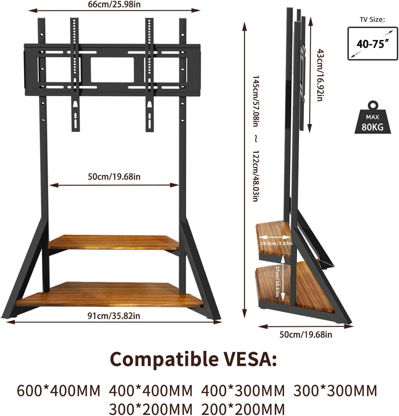 Mobile TV Stand for 40-75 Inch TVs, Adjustable Heights TV Mount Stands with Large Wood Shelf and Wheels, Modern Living Room Rolling TV Stand, Up to 180 lbs, VESA 600x400mm,Walnut(VC-Z1187)