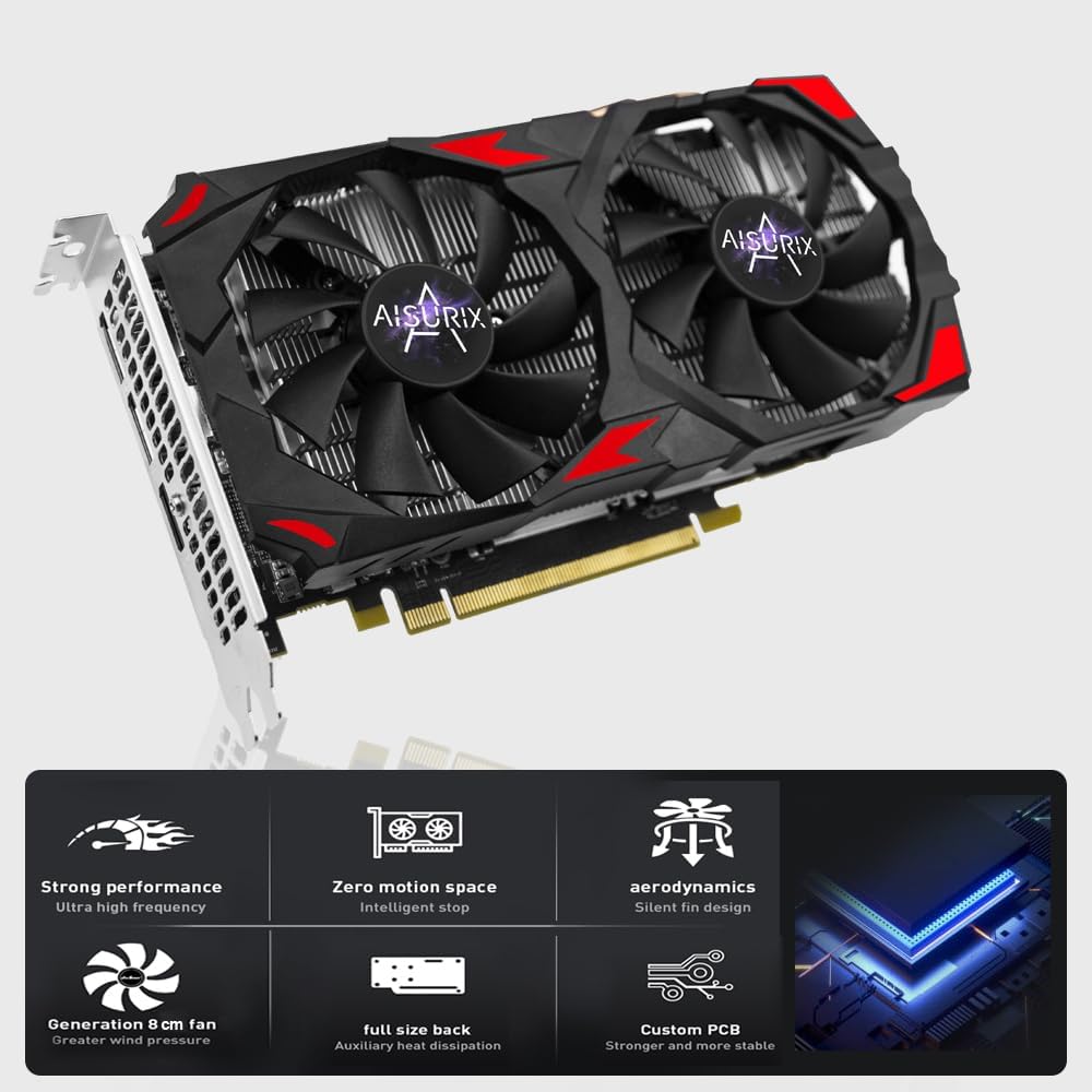 Kelinx AISURIX RX 580 Graphics Card, 2048SP, Real 8GB, GDDR5, 256 Bit, Pc Gaming Video Card, 2XDP, HDMI, PCI Express 3.0 with Freeze Fan Stop for Desktop Computer Gaming Gpu