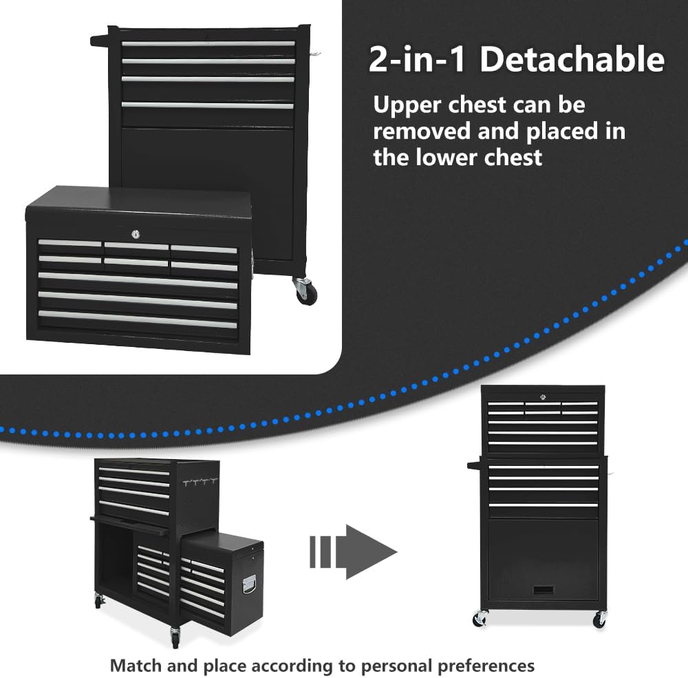 13-Drawer Tool Chest with Wheels, 2 in 1 Detachable Rolling Toolbox with Drawers, Large Tool Box with Lock, Mobile Steel Tool Cabinet Storage for Warehouse, Garage (Black)