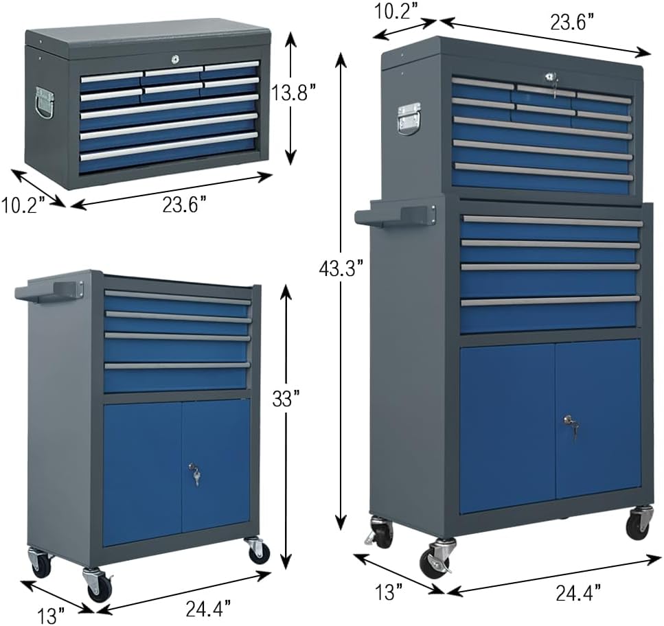 13-Drawer Tool Chest with Double Door Handle,2 in 1 Detachable Rolling Tool Chests with Wheels and Drawers,Large Tool Box with Lock,Mobile Steel Tool Cabinet Storage (Gray&Blue)