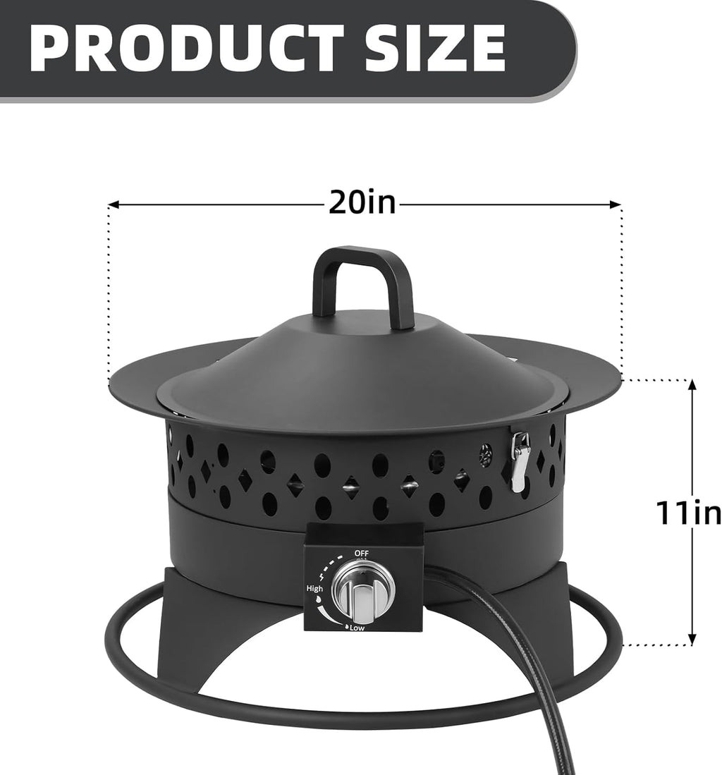 Breezz 20' Outdoor Fire Pit with Grill, 60000 BTU Smokeless Firepit, External Propane Required, Foldable Cooking Grate, Adjustable Flame, Patio Camping BBQ