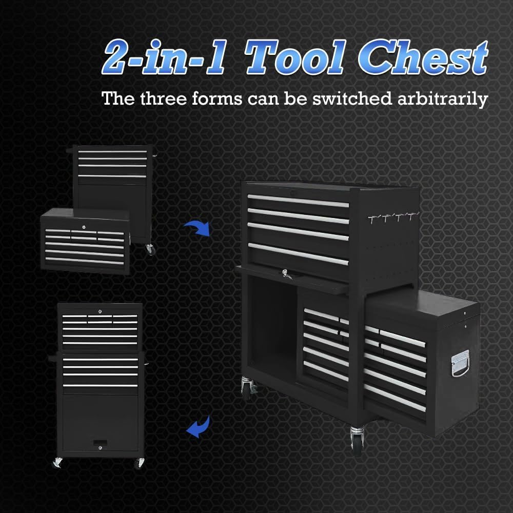13-Drawer Rolling Tool Chest,Large Toolbox with Wheels, Tool Cabinets with Drawers, Top Detachable Tool Box with Hooks Handles for Workshop Mechanical Garage - Black