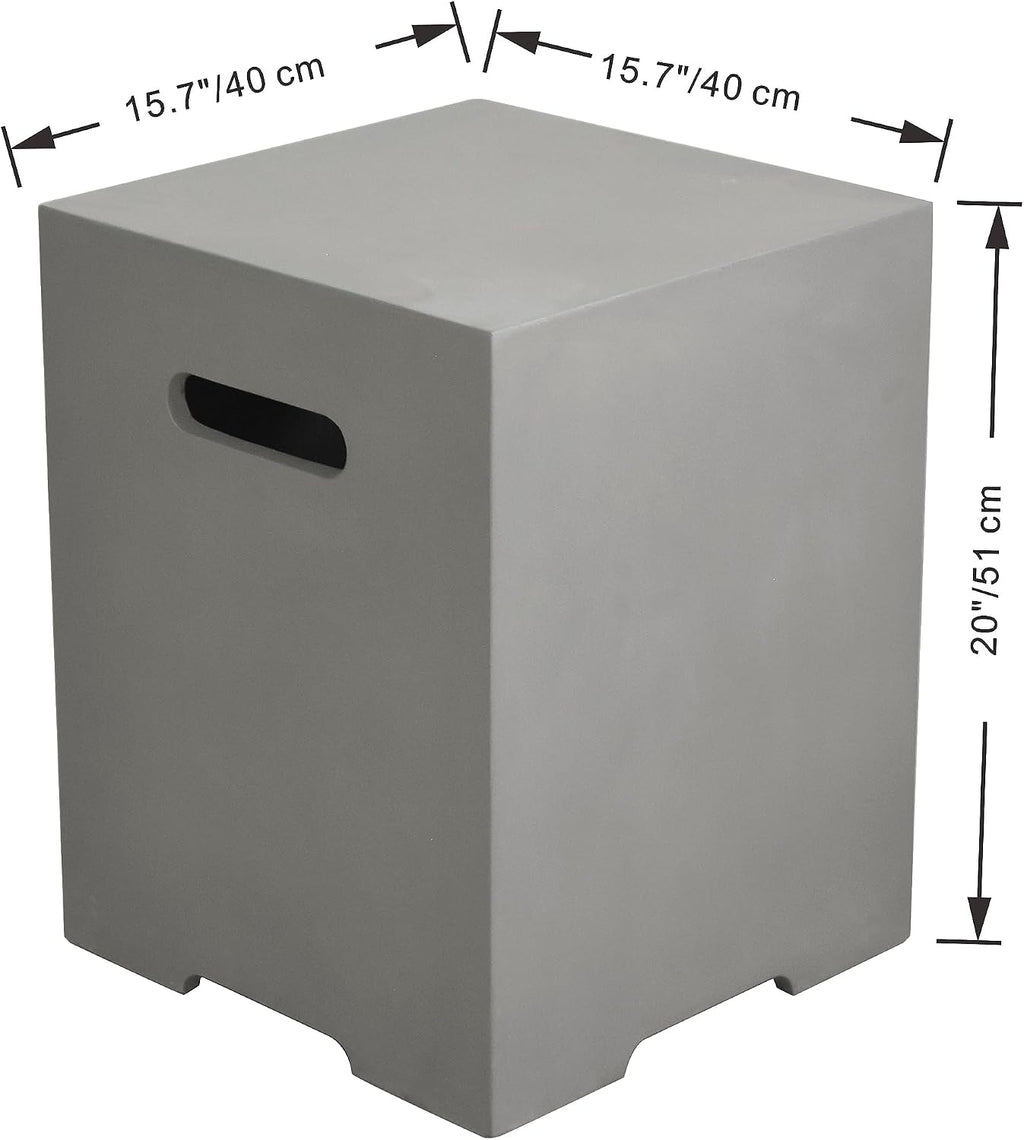 AMS Fireplace | Elementi Square-2 Smooth Light Gray 20 lbs Propane Tank Cover | Concrete GFRC Base | Dimensions: 15.7 x 15.7 x 20 inches | Perfectly Matches with Westport Fire Pit Table.