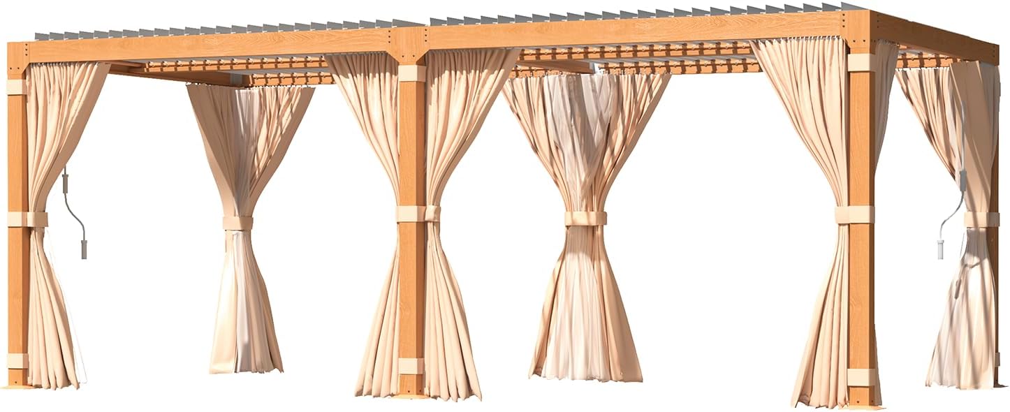Yoleny Louvered Pergola - 10x20, All Aluminum with Adjustable Rainproof Roof, Outdoor Pergola with Curtains and Nets for Patio & Garden, Woodgrain