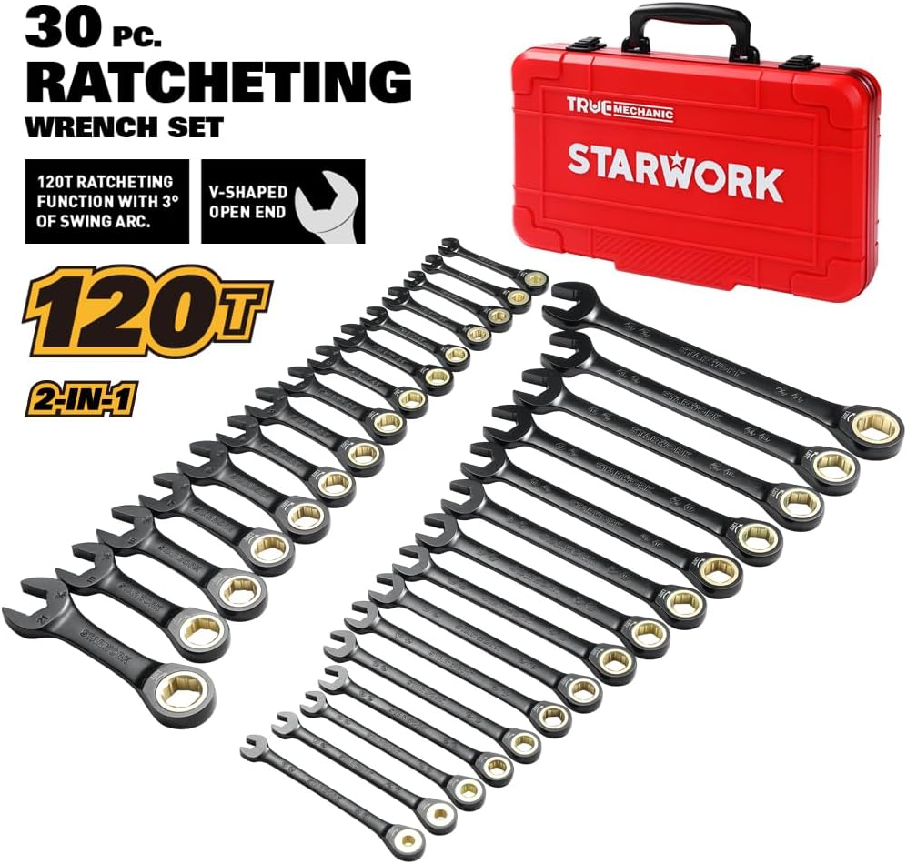 STARWORK TRUE MECHANIC™ 30-Piece 2-IN-1 Ratcheting Wrench Set, 120-Tooth, SAE&Metric, Gift Series with Red Case, Professional