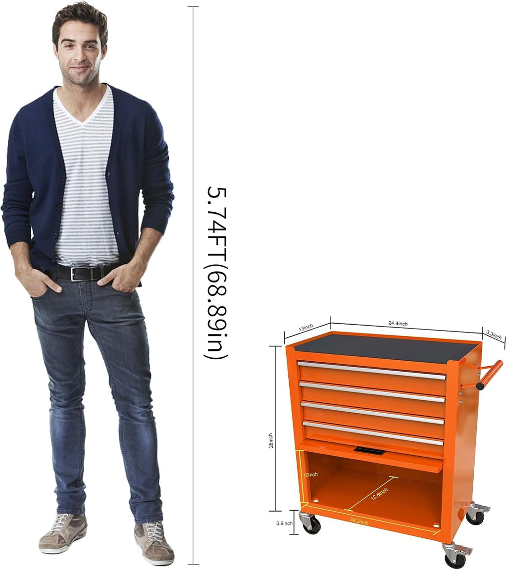 4-Drawer Heavy-Duty Rolling Tool Chest with Wheels, Steel Storage Organizer Cart with Handle, Metal Tool Cabinet for Garage, Workshop, and Repair Shop