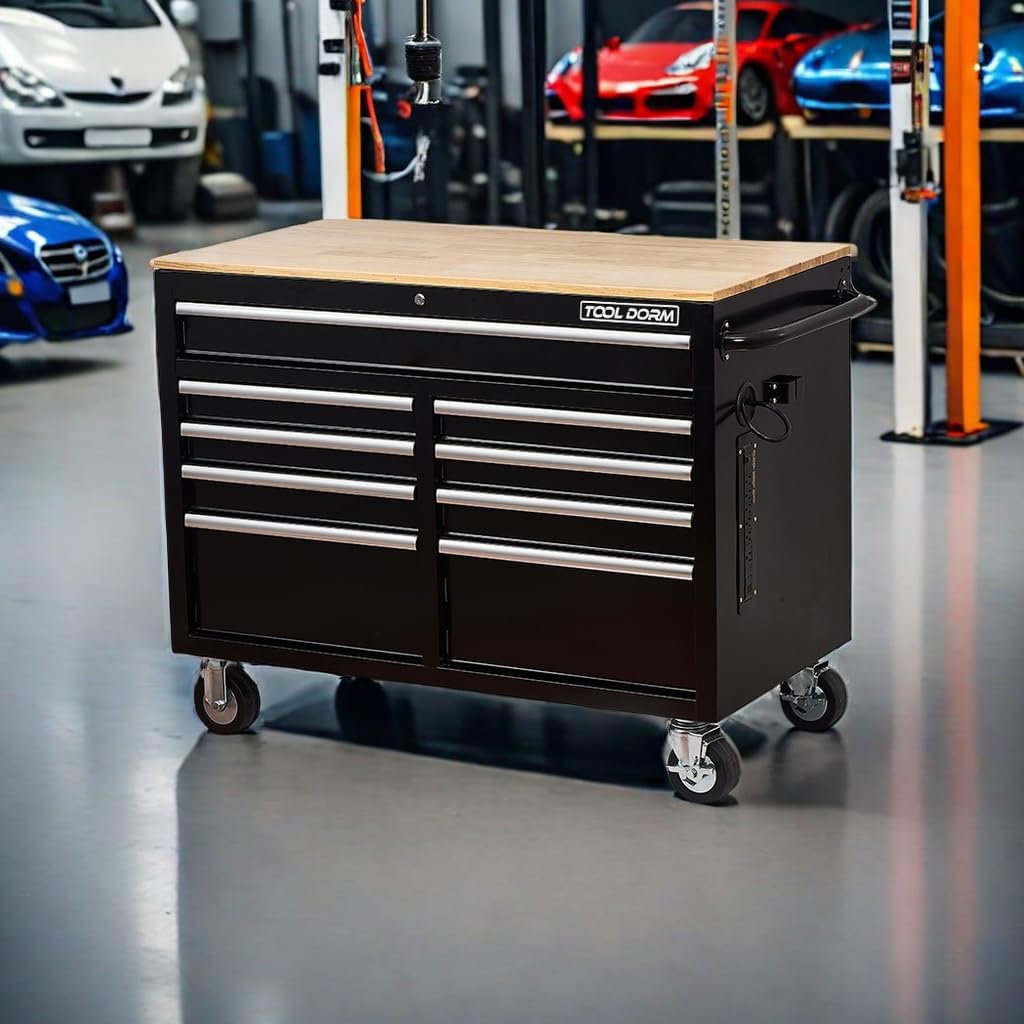 Rolling Large Tool Chest Extra-Deep 46-Inch 9 Drawers, Big Tool Chest with Drawers, Workbench with Wooden Top & Integrated Power Strip, Rolling Toolbox with Drawers and Locking System