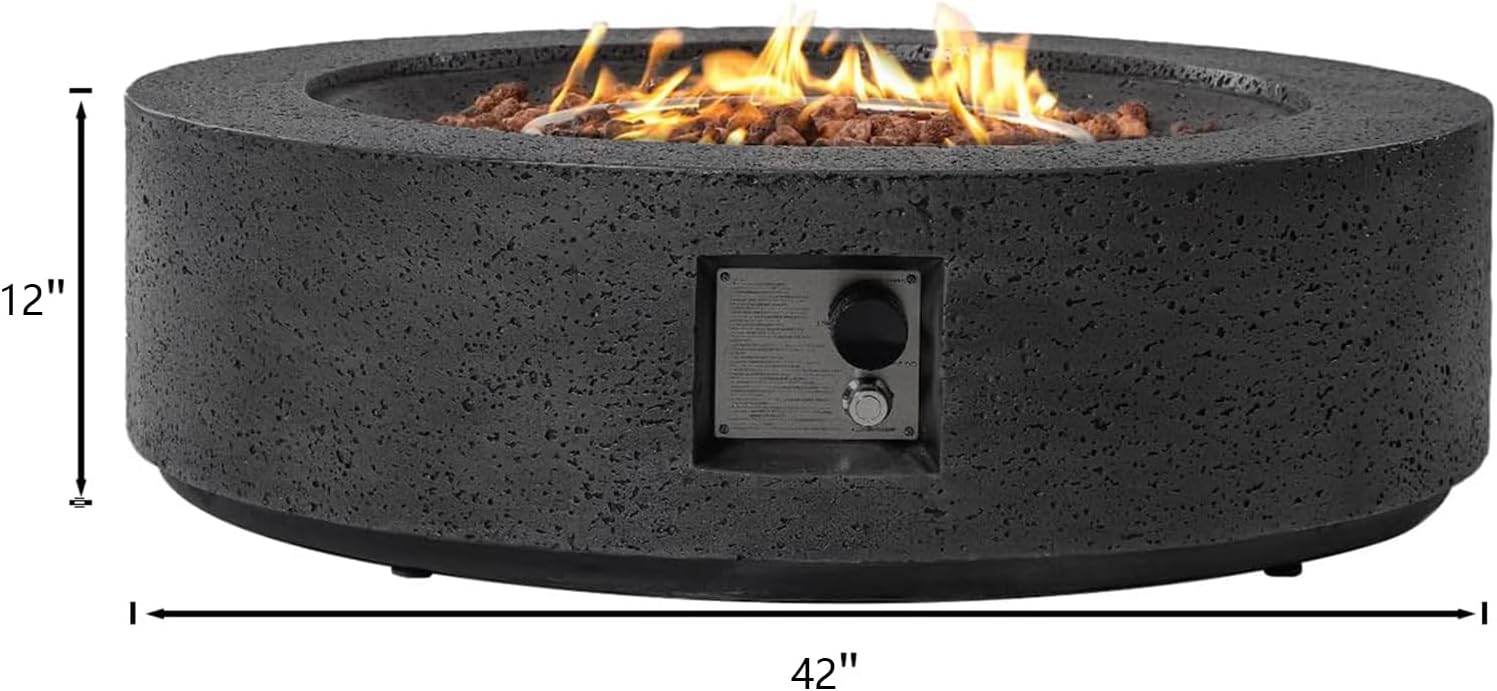 SUNBURY Outdoor Travertine Fire Pit Table, 42 inches Round Propane Gas Patio Fire Pit 50,000 BTU Concrete, Circular Base Firepit with Lava Rocks, Waterproof Cover (Grey)