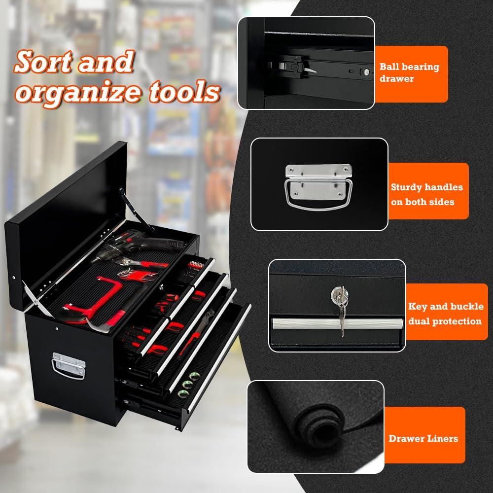 13 Drawers Tool Chest with Wheels,Large Capacity Tool Storage Cabinet with Removable Top Toolbox, Locking Mechanical Tool Cart with Liner,Suitable for Garages, Warehouses-Black
