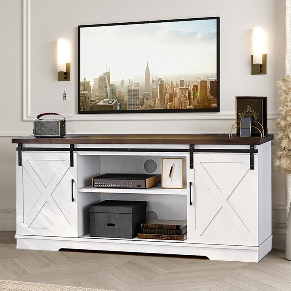 Farmhouse TV Stand for TVs up to 65', Modern Entertainment Center with Sliding Barn Doors & Adjustable Shelves, TV Console for Living Room, Heavy Duty 220lbs Load (White)
