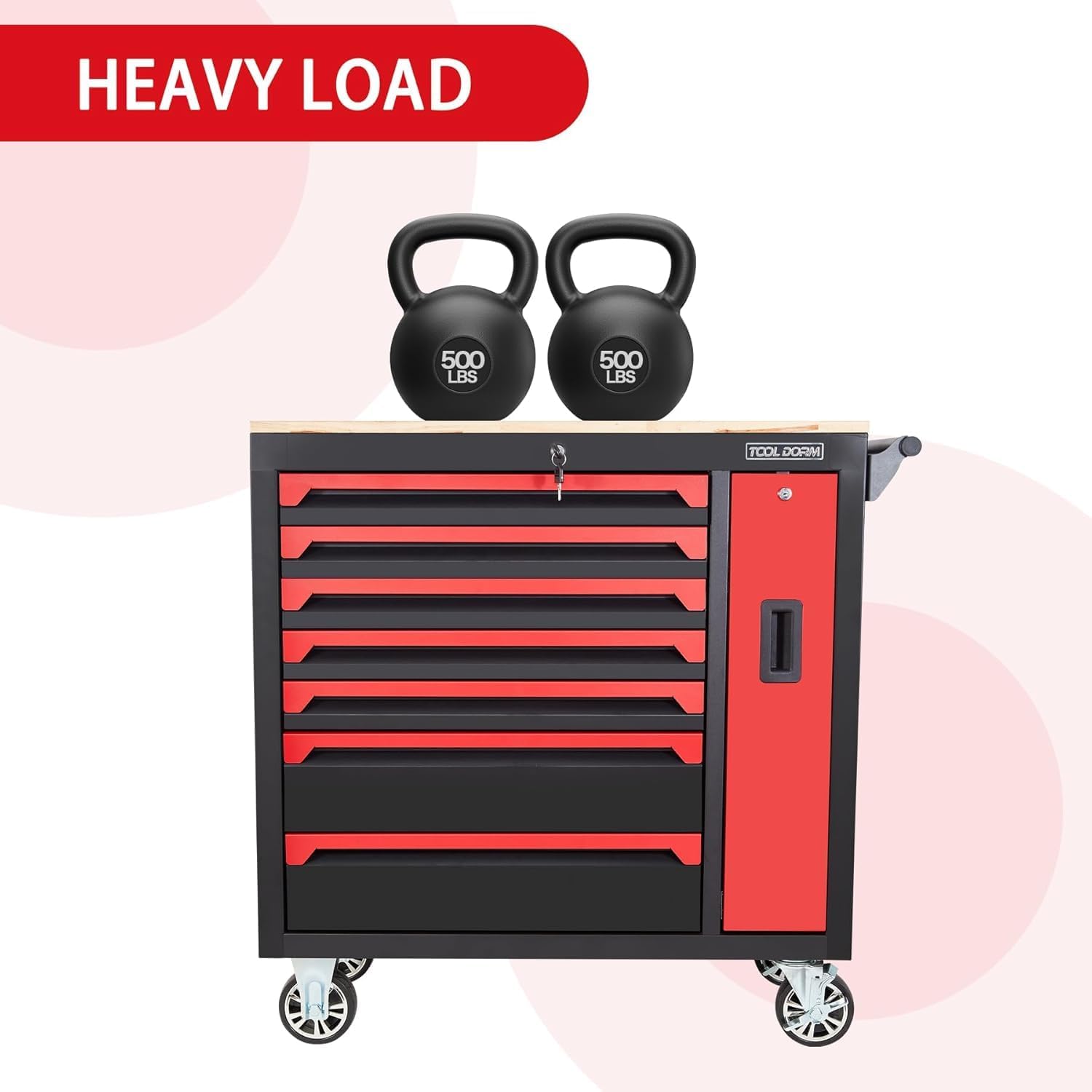 Rolling Large Tool Chest Cabinets 36.2-Inch 7 Horizontal Drawers and 1 Vertical Side Drawer 4 Wheels Workbench with Rubber Wooden Table Rolling Tool Box with Drawers and Locking System
