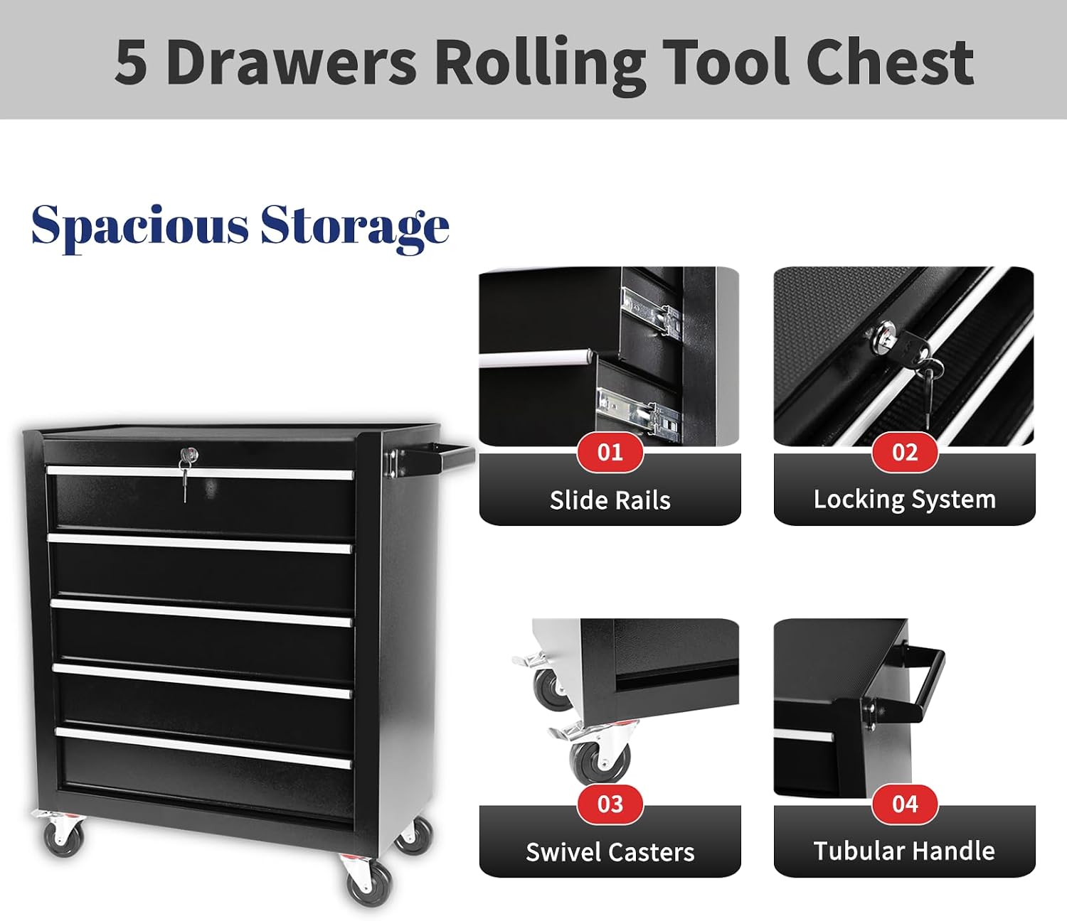 5 Drawer Tool Cart Rolling Tool Chest on Wheels Drawers Rolling Tool Box Top Cushion Drawer Liners Organizer with Locking System for Garage Workshop Warehouse Repair Shop Black