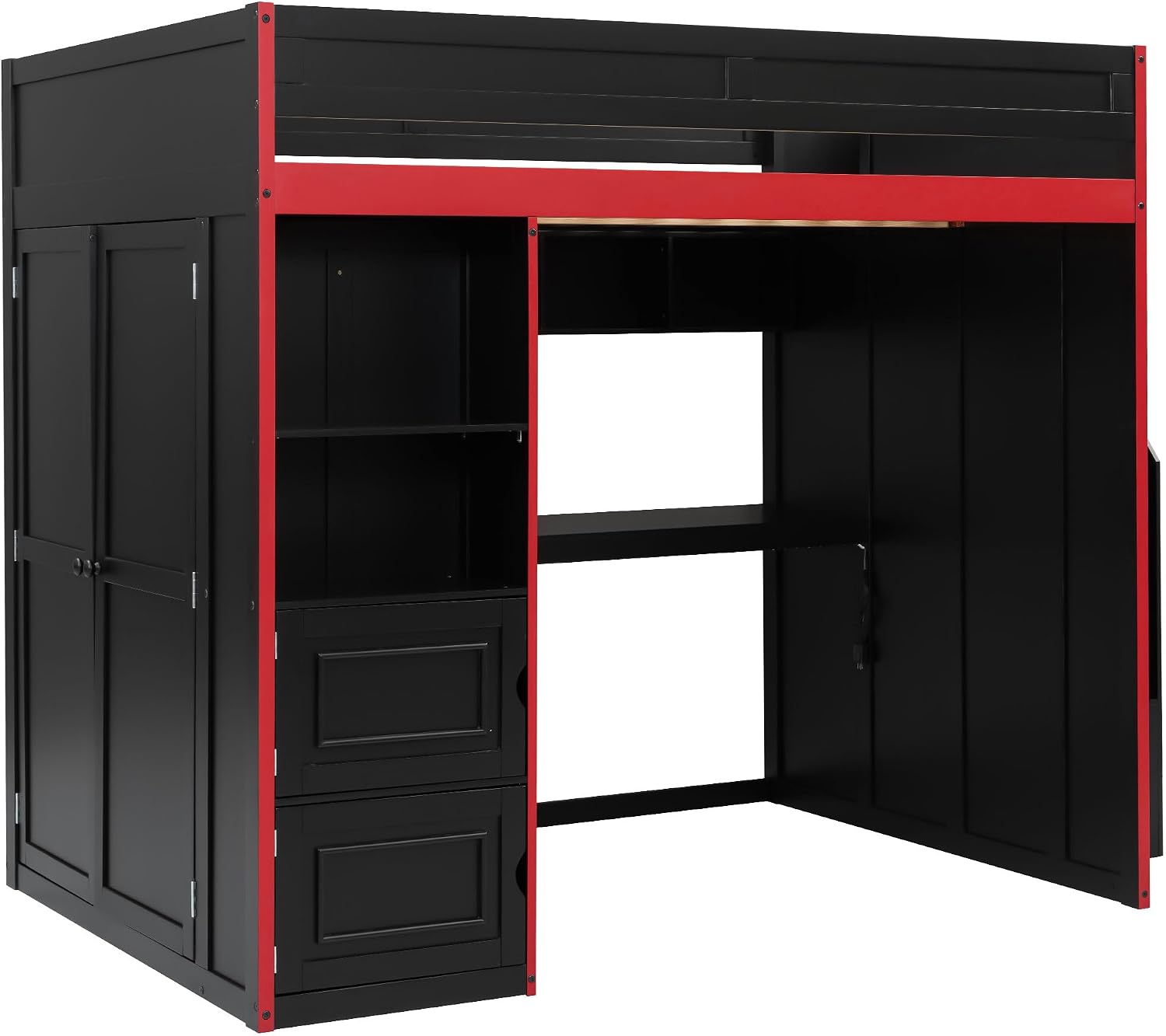 SOFTSEA Full Size Gaming Loft Bed with Desk, Storage Stairs, LED Lights, Bookshelves & Wardrobe, Multifunctional Loft Bed, No Box Spring Needed, Black Red