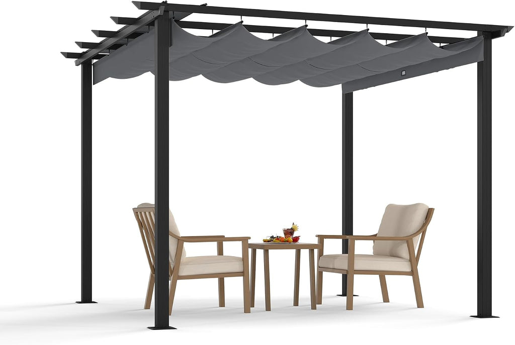 HAPPATIO 10' X 10' Retractable Pergola with Sun Shade Canopy, Patio Aluminum Frame Shelter for Backyards, Gardens, Porch, Includes Ground Studs and Expansion Screws (Grey)