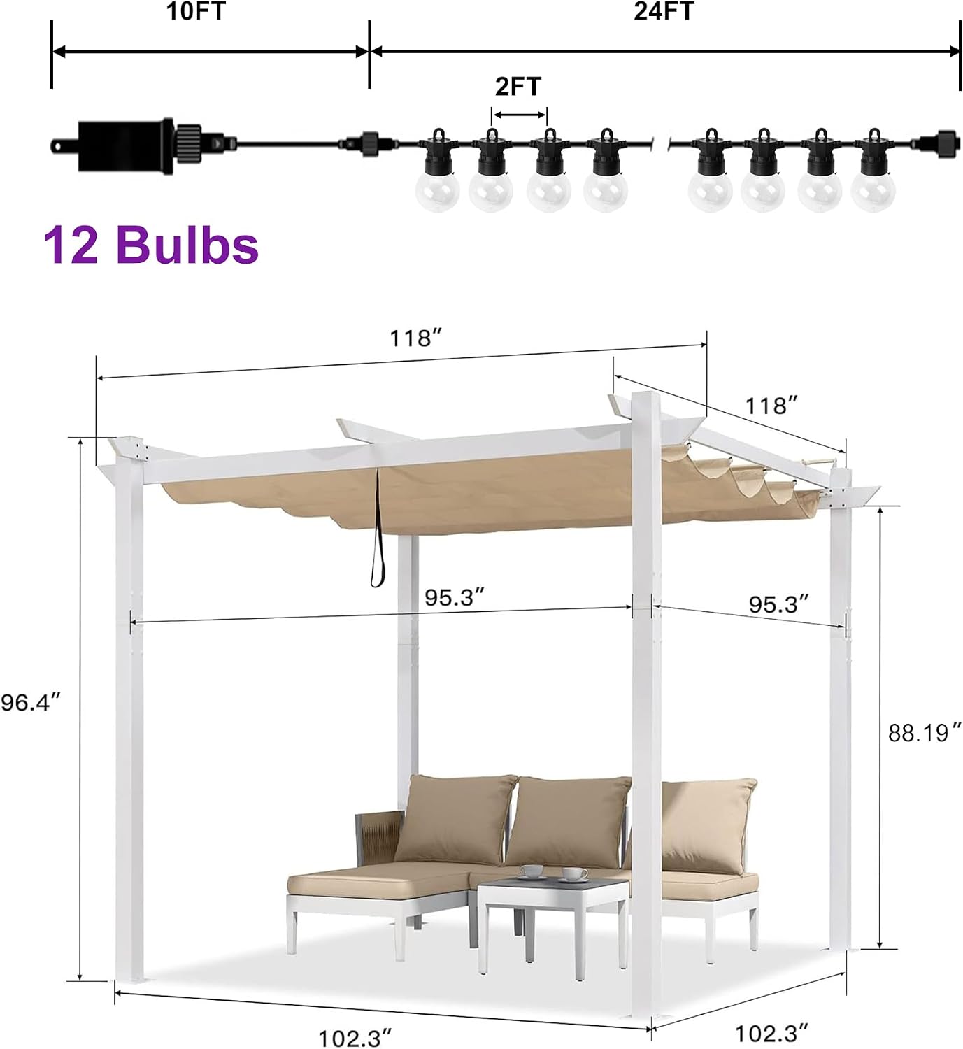 PURPLE LEAF 10' x 10' Outdoor Aluminum Pergola White Heavy-Duty Retractable Pergola Patio Metal with Double Sun Shade Canopy and Light for Backyard Gardens Deck, Khaki