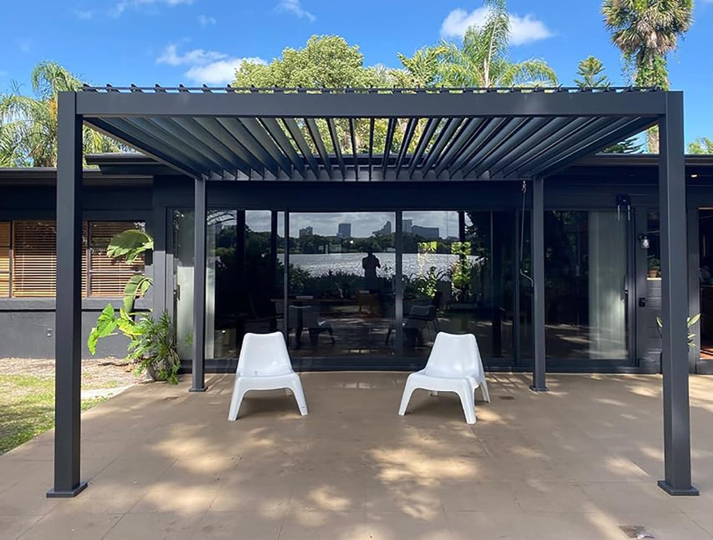 Domi Outdoor Louvered Pergola 10x10FT with Adjustable Steel Roof, Outdoor Aluminum Frame Rainproof Pergola for Backyard, Garden and Lawn,Gray