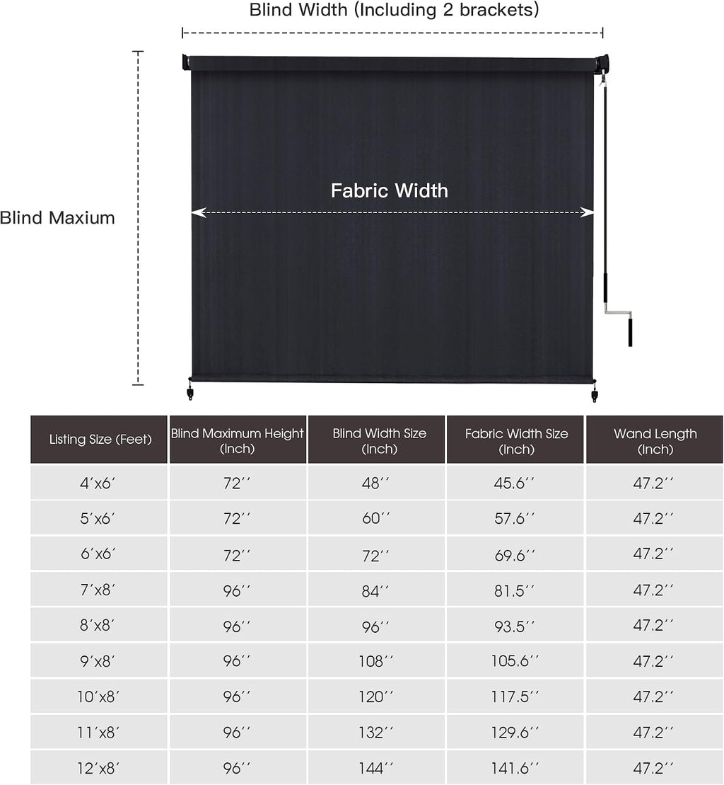 VICLLAX Outdoor Cordless Roller Shade 9' W x 8' H, Patio Shade Roll Up Outdoor Blinds for Front Porch, Graphite Black