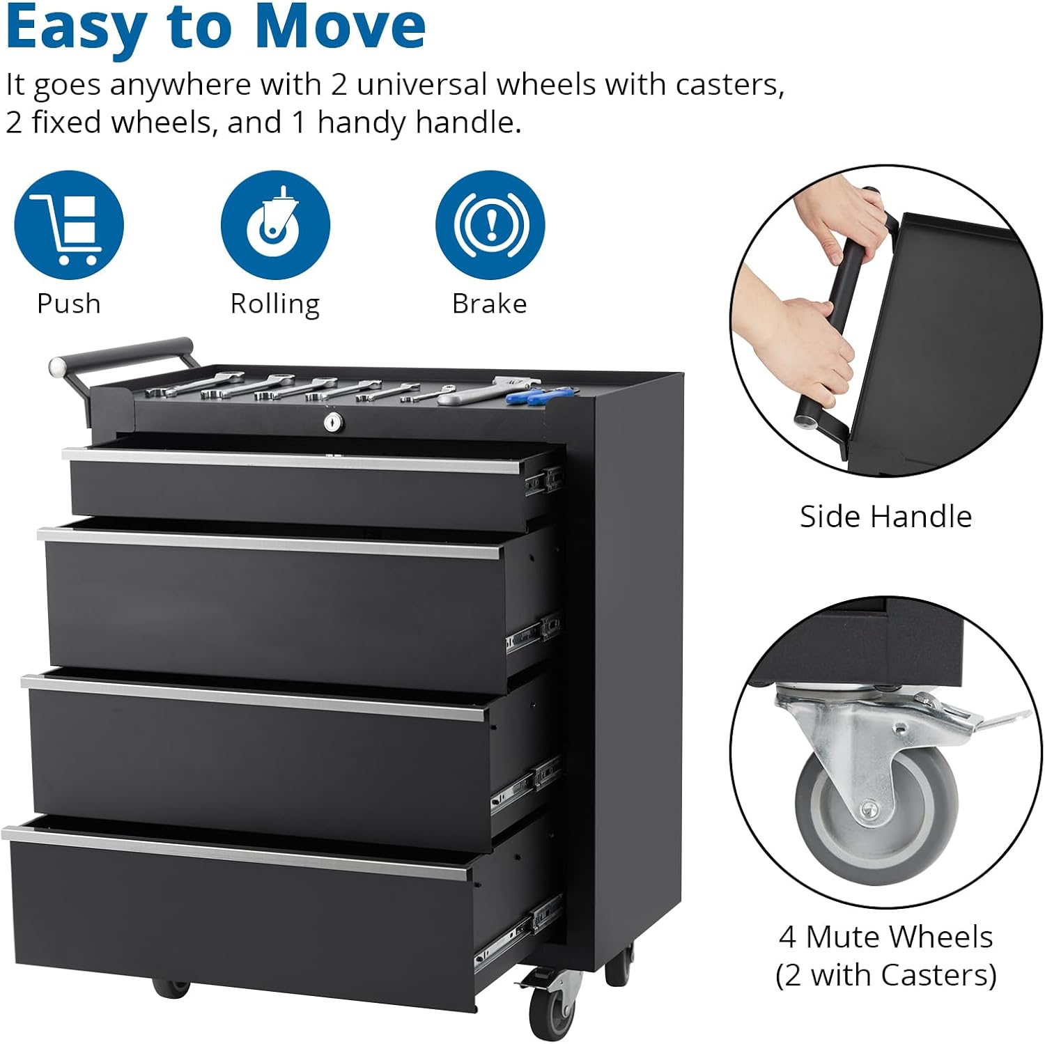 24' Rolling Tool Chest, 4-Drawer Tool Box, Wheels Lockable Tool Cabinet Organizer, Portable Tool Cabinet Organizer with Locking System & Drawer Liners, Tool Storage Cart for Garage, Workshop