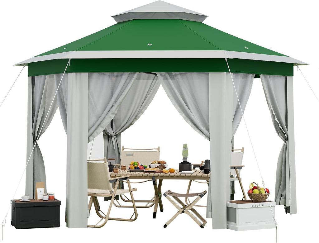 13x13Ft Patio Gazebo Metal Frame Canopy with Double Roofs, Outdoor Gazebo with Mosquito Netting and Privacy Screen, Canopy Tent for Backyard, Lawn, Garden, Deck