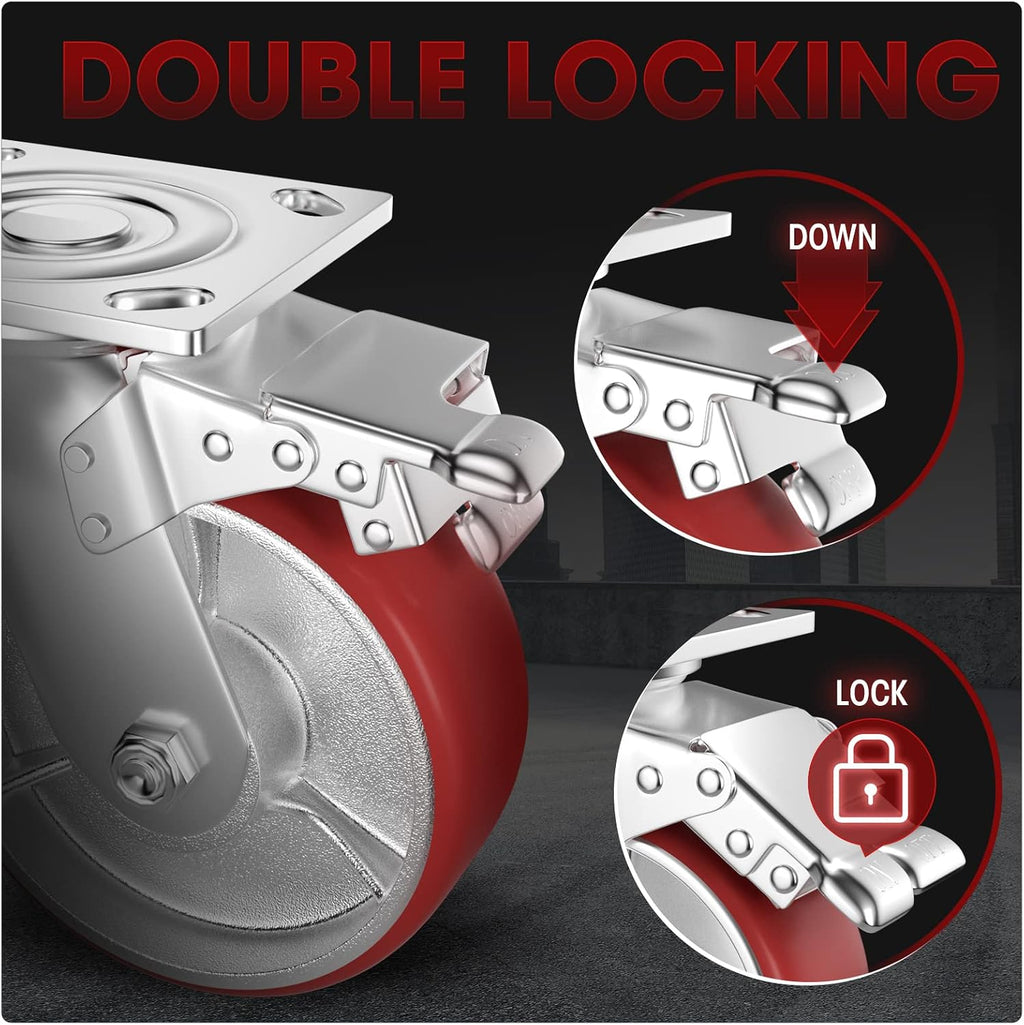 Casters Set of 4 Heavy Duty 6 inch Caster Wheels - ASRINIEY Locking Casters with No Noise Polyurethane on Steel Wheels, Swivel Plate Caster with Brake for Toolbox Workbench, 5000 lbs Total Capacity