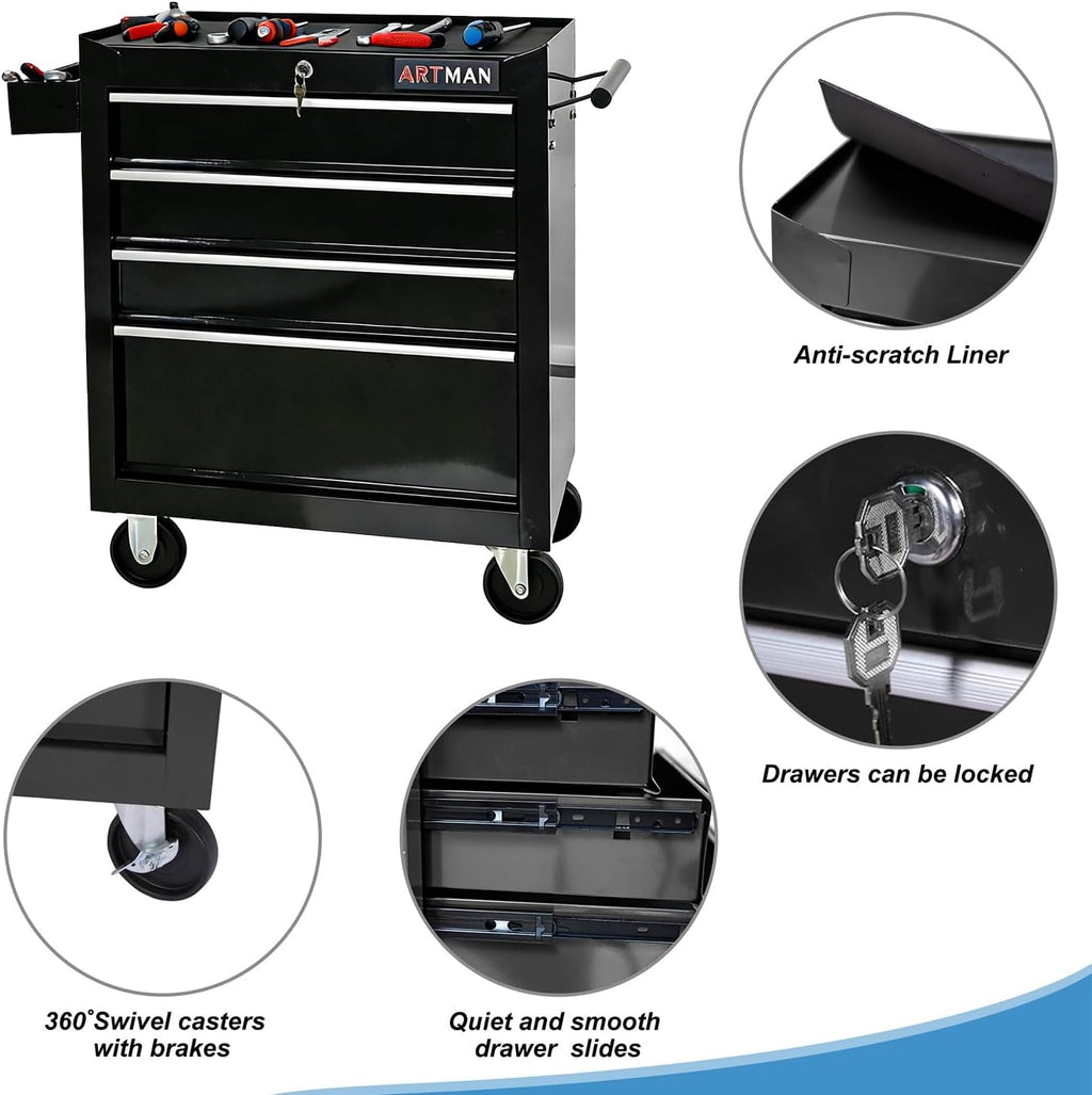 Aokleo 4 Drawers Tool Cart on Wheels, 4 Drawer Rolling Tool Chest with Key Lock, Trolley Organizer Tool Case, Multifunctional Rolling Tool Box for Garage,Warehouse,Workshop,Repair Shop (Black)