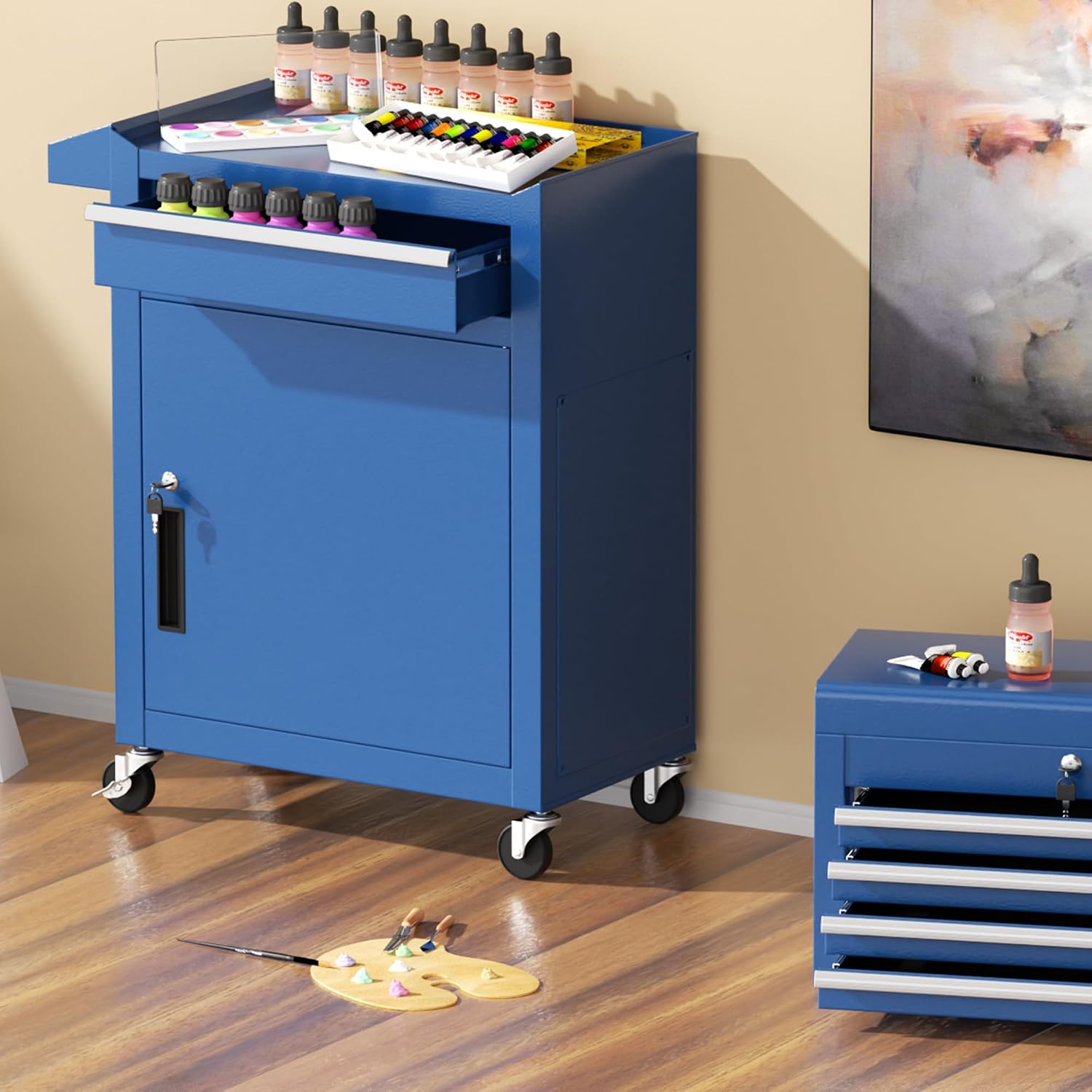 Greenvelly Tool Chest, 5-Drawer Rolling Tool Chest with Hooks and Lockable Wheels, Detachable Top Tool Box, Toolbox with Wheels, Rolling Tool Box for Mechanics Garage Workshop and Tool Room (Blue)