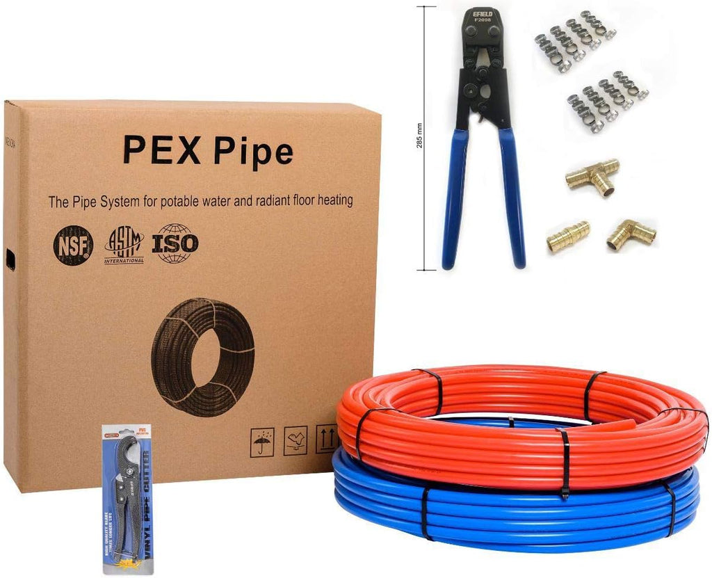 EFIELD 1/2 inch 200 ft Pex-b Pipe/Tubing 2 x100 ft Blue & Red, Pex Fittings (15), Crimp Tool, Clamps, and Cutter Combo Kit,(E99KIT)