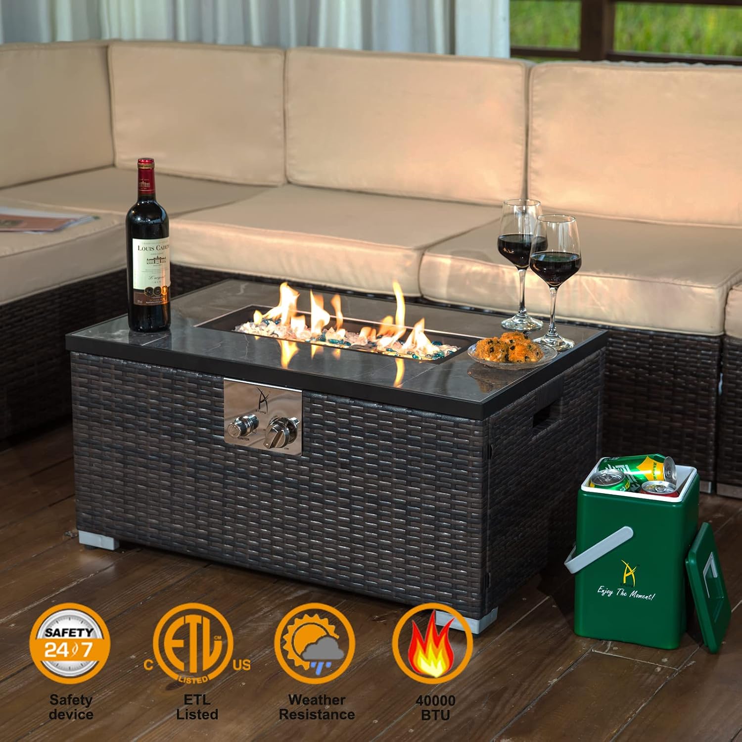 32'' Propane Fire Pit Table, Marble Textured Ceramic Tabletop, 50,000 BTU Fire Table with Brown Wicker, Mix Color Glass Rocks, Including Lid&Cover, Rectangle, Tank Required to Be Kept Outside