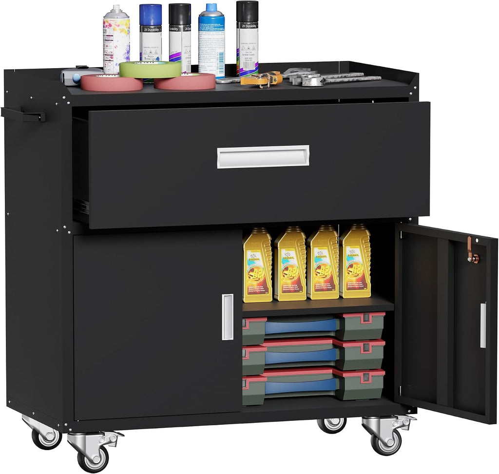 Washsemba Metal Garage Storage Cabinet with Wheels ，Rolling Toolbox with Lockable Drawer, Utility Cabinet for Home, Office, Garage and Workshop (Black)