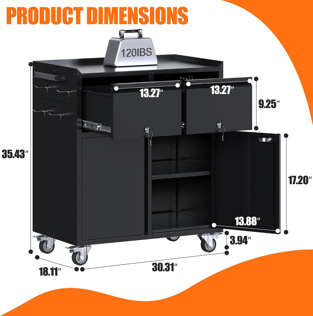 Metal Garage Storage Cabinet with Wheels, Rolling Tool Cabinet with Adjustable Shelf, 2 Drawers and 2 Doors for Tools, Garage,Workshop, Black, Assembly Required
