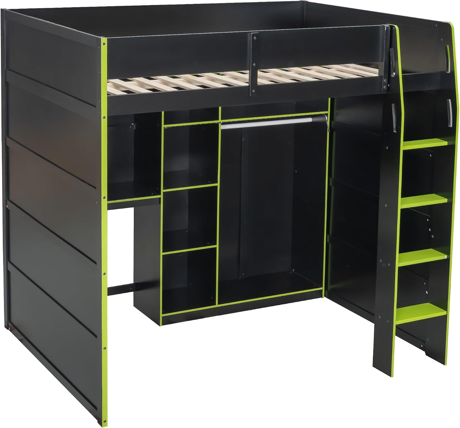 SOFTSEA Full Size Gaming Loft Bed with Desk, Bookshelves, Open Wardrobe & LED Lights for Bedroom, No Box Spring Needed, Green