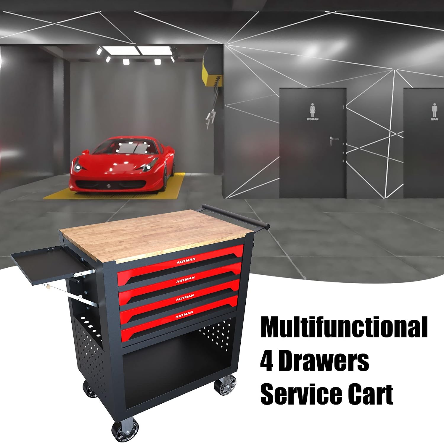 36' Tool Box with Wheels 4 Drawers Rolling Tool Cart, Wooden Top Workbench, 660lbs Total load Tool Cabinet with Locked Drawers Storage Organizer Cabinet for Garage, Warehouse, Repair Shop - Red