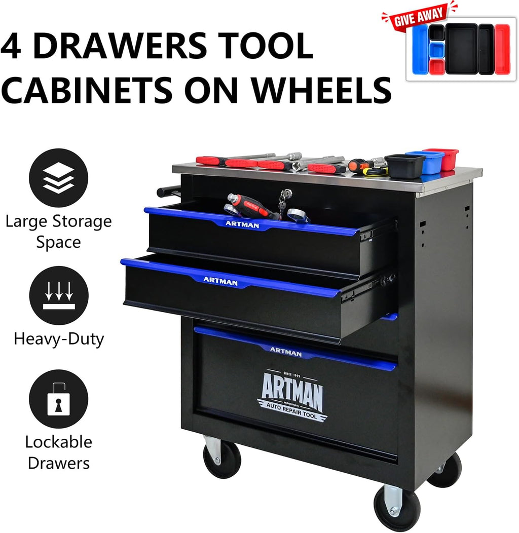 4 Drawers Tool Cart on Wheels with Stainless Steel Worktop, Heavy Duty Mobile Rolling Drawer Tool Chest with Secure Locking System & Locking Wheels for Garage,Warehouse,Workshop (Black&Blue)