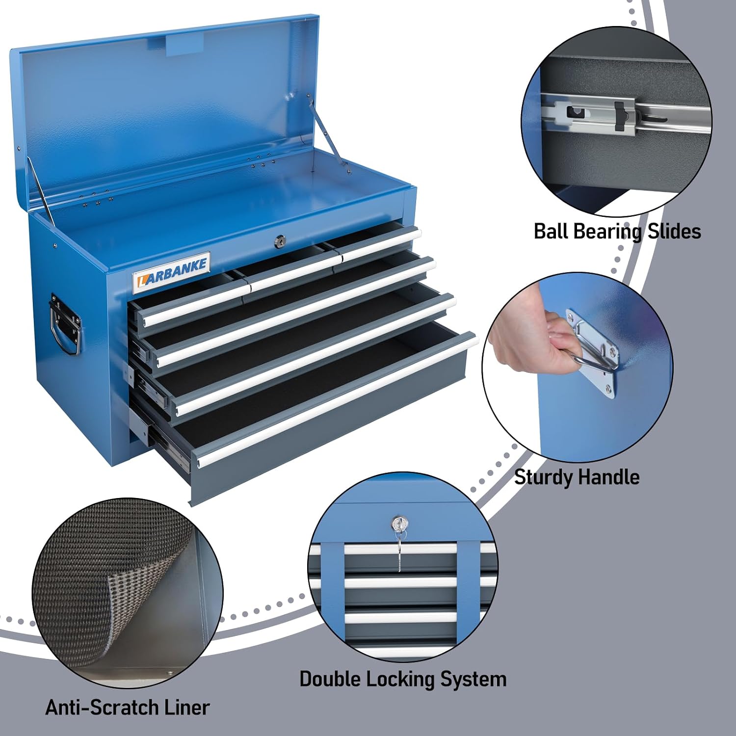 LARBANKE 8-Drawer Rolling Tool Chest,Tool Chest with 360° Brake Wheels and Padded Feet,Tool Cabinet with Locking System and Drawer Liners,Ideal Design for Garage and Workshop