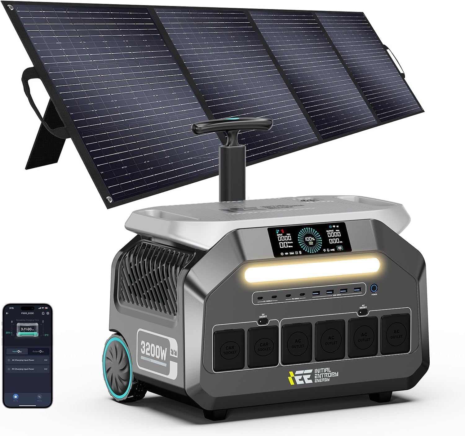 IEE 3200W Portable Power Station P3200 with 1x200W Solar Panel, 2048Wh Solar Generator, 1800W AC Charging, AC Outlets x 4, LiFePO4 Battery Power Station for Home Backup, Camping, RV, Emergency