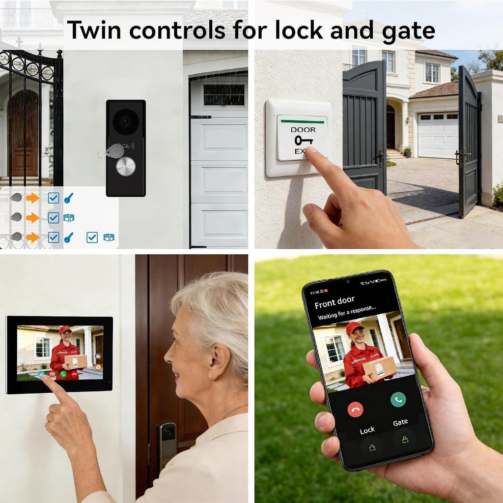 2 Wires Video Door Phone intercom doorbell System, 7 Inch Touch Screen Monitor, 1080P, Remote Unlock, Human Detection, Two-Way Audio, Night Vision, Waterproof, RFID Access Control