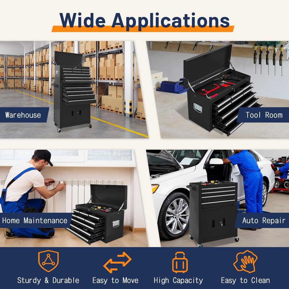 13-Drawer Double Door Rolling Tool Chest, 2 in 1 Detachable Tool Chest,Tool Box with Drawers and Wheels, Large Tool Cabinet with Lock, Metal Standing Toolbox for Garage Workshop-Black