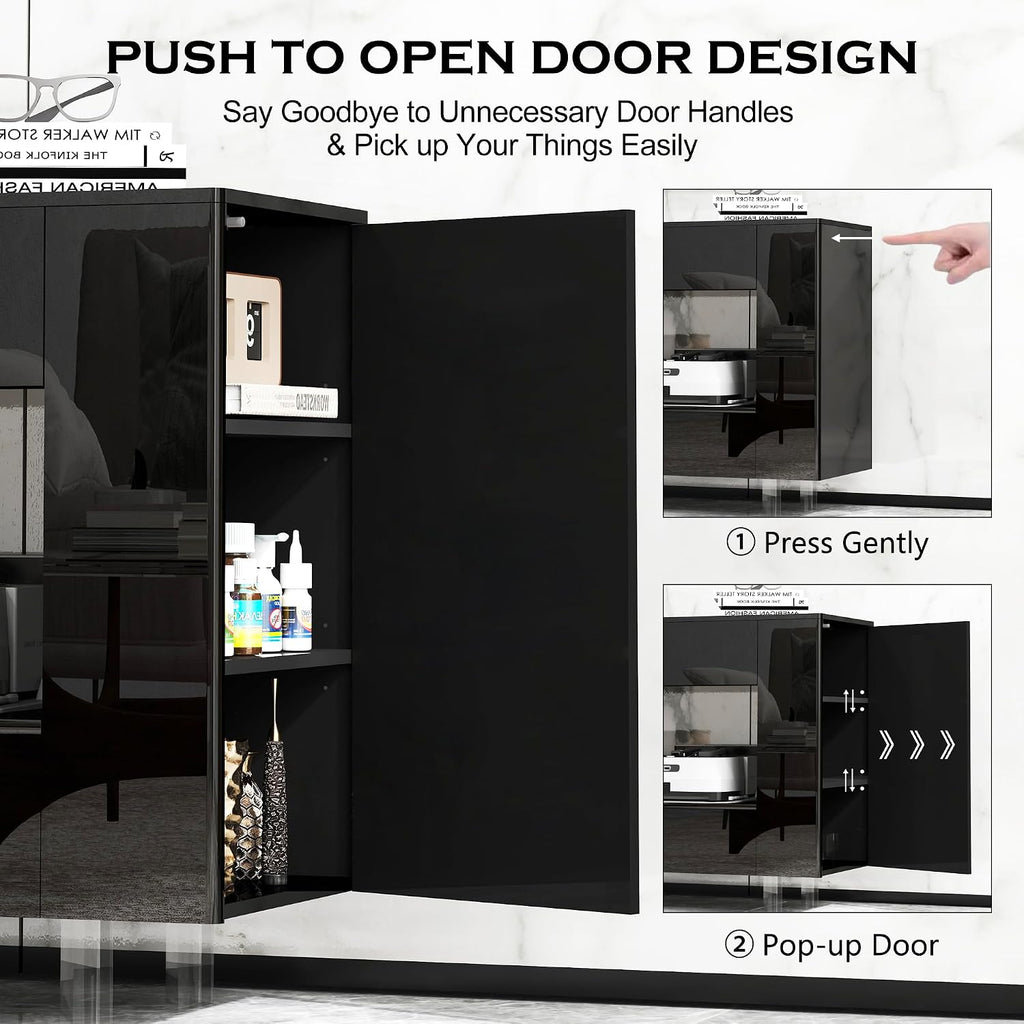 High Gloss TV Stand with 2 Large Drawers & Push-Open Doors - High Gloss Modern TV Console Storage Cabinet for Living Room, Office