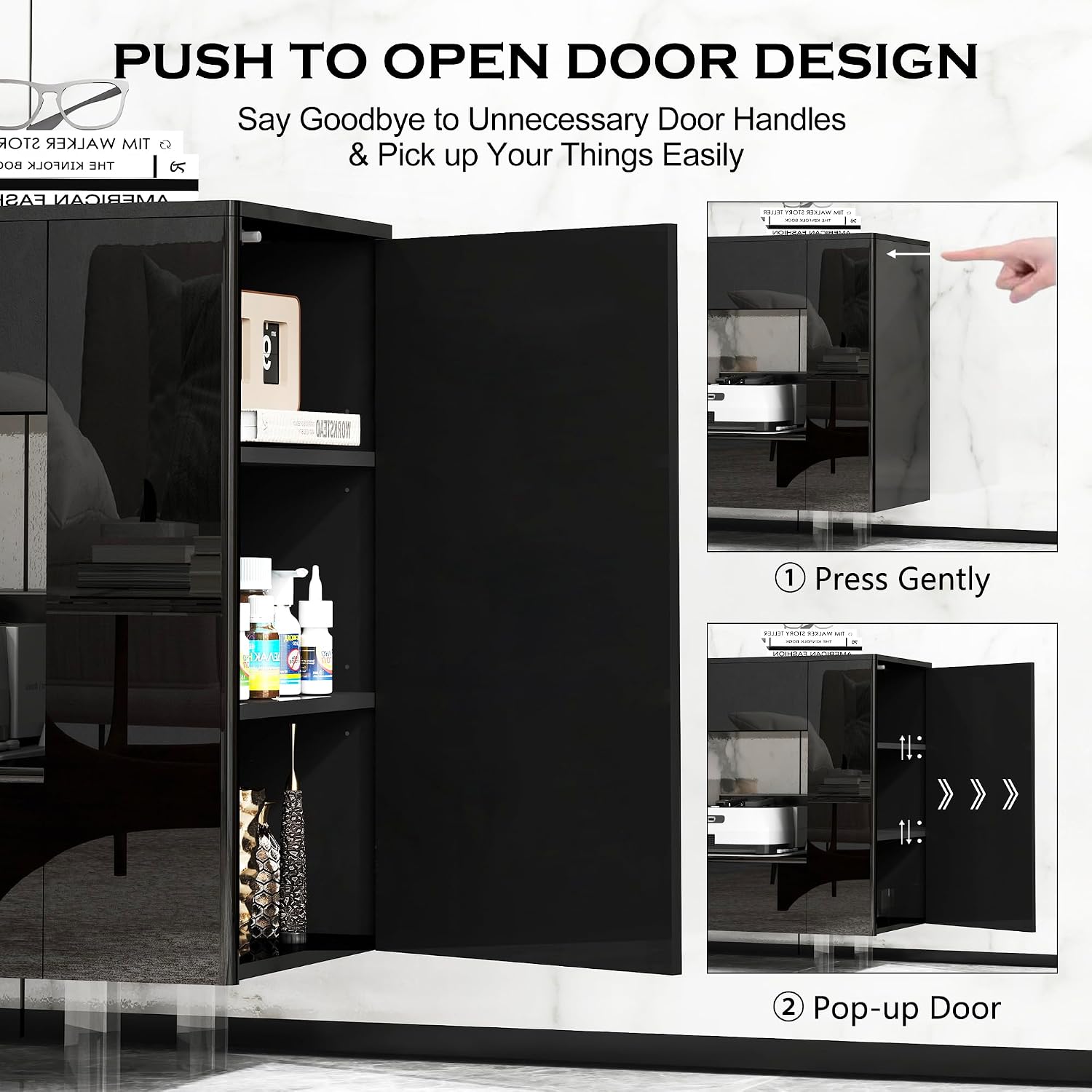 High Gloss TV Stand with 2 Large Drawers & Push-Open Doors - High Gloss Modern TV Console Storage Cabinet for Living Room, Office