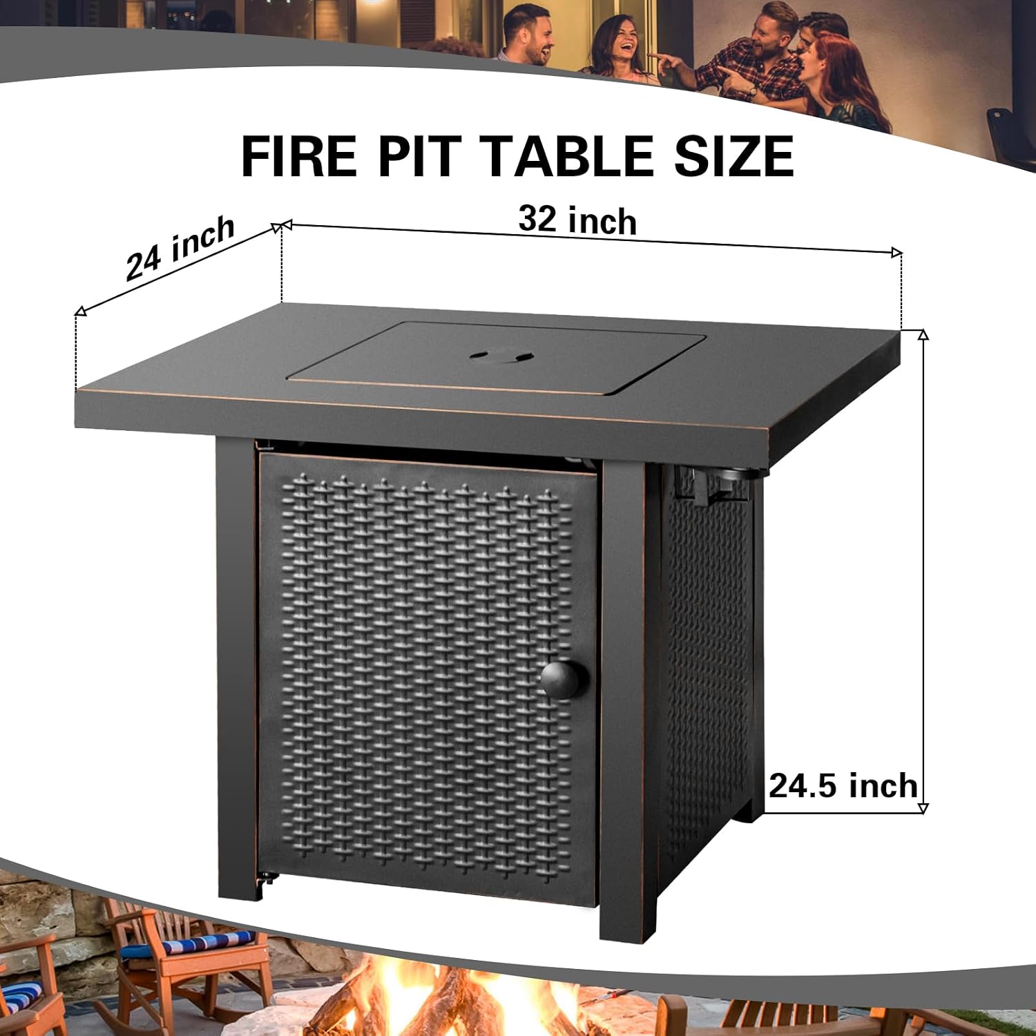 OutVue 32 Inch Propane Fire Pit Table, Outdoor Gas Fire Pits with 2 Drink Holders, Lid & Lava Rock, 50000 BTU Firepit Table for Dinning, Party in Outside, Patio, Garden or Yard
