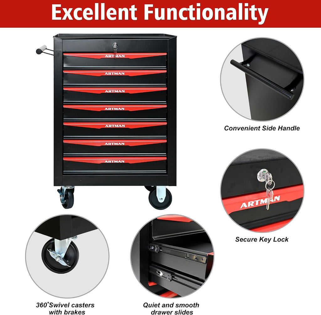7 Drawers Tool Cart on Wheels, Multifunctional Rolling Tool Chest, Drawers Mobile Trolley Organizer Heavy Duty Tools Box with Locking Wheels & Ball Bearing Drawers (Black, 7 Drawers)