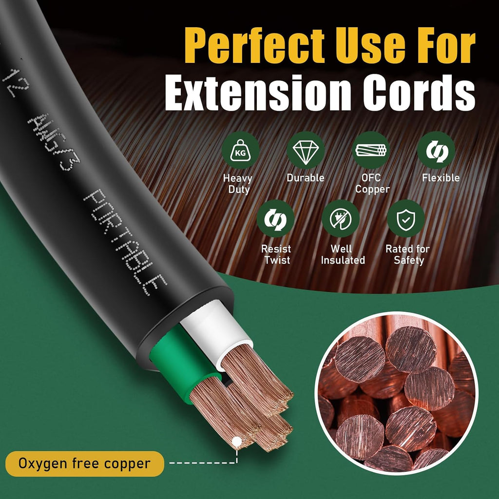 100ft 12/3 12 AWG Portable Power Cable (3 Conductor) - SOOW 600V 12 Gauge Electric Wire for Generator, Portable Lights, RV/EV Car Battery Chargers and Machinery - 100 Feet Electrical Cord